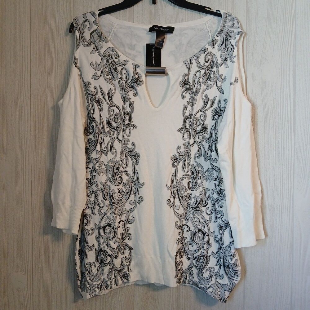 Ashley Stewart Women's Size 12 Cold Shoulder Keyhole Paisley White Sweater Top
